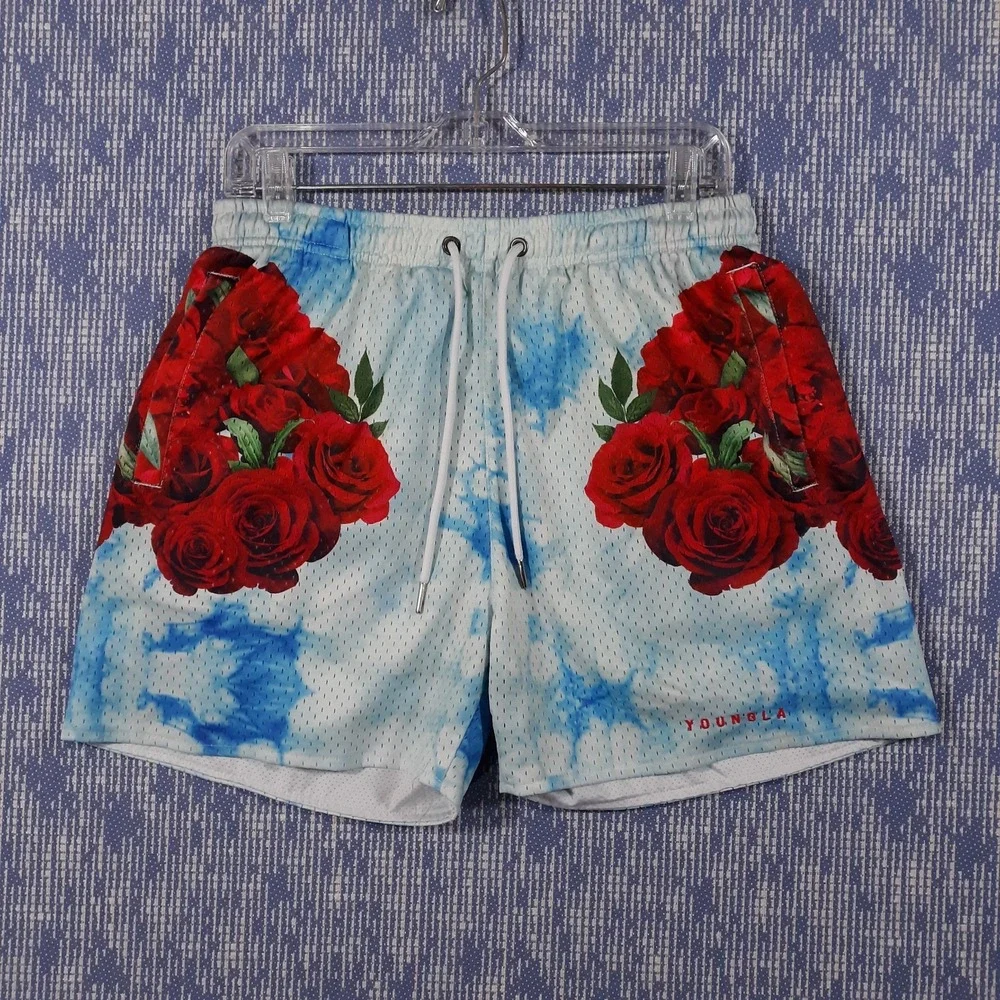 YoungLA Shorts Mens Large Athletic Elastic Waist Blue Red Roses Floral